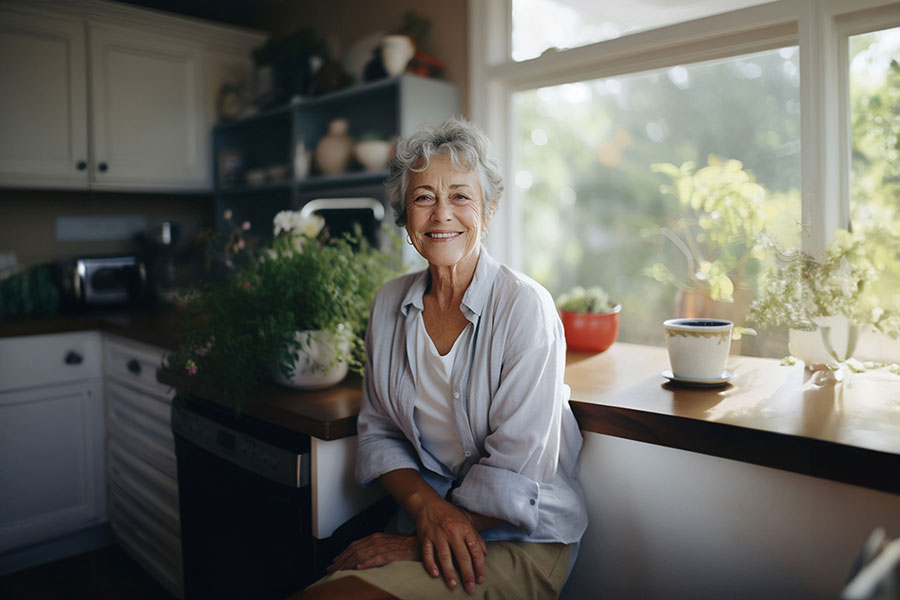 Seniorin sitzt zufrieden in der Küche: Wohnen im Alter